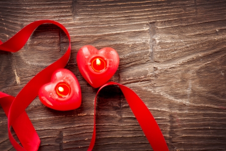 Valentines Hearts Candles over Wood  Valentine s Day の写真素材