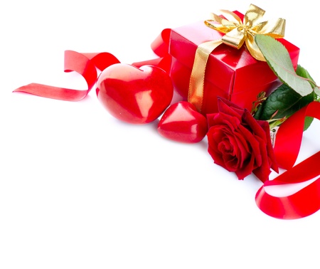 Valentines Hearts, Rose Flower and Gift Box isolated on white の写真素材