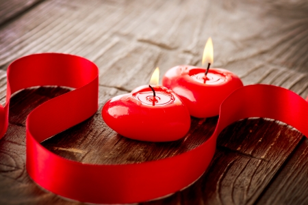 Valentines Hearts Candles over Wood  Valentine s Day の写真素材