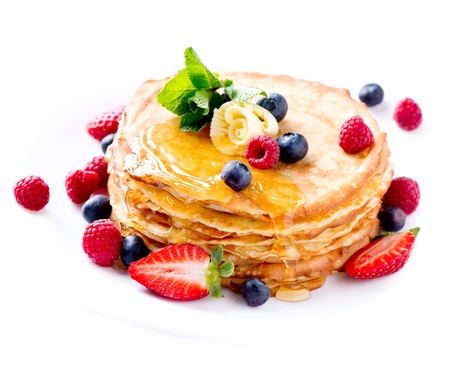 Pancake  Crepes With Berries  Pancakes stack isolated on White の写真素材