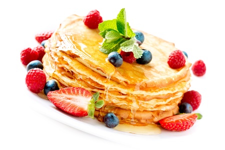 Pancake  Crepes With Berries  Pancakes stack isolated on White の写真素材