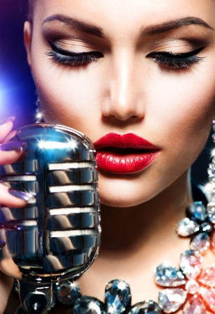  Singing Woman with Retro Microphone  Vintage Styleの写真素材