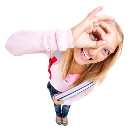 Funny Schoolgirl or Student over white の写真素材