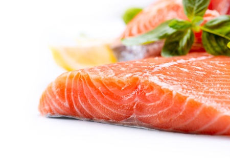 Salmon Raw Fillet  Red Fish isolated on a White Background の写真素材