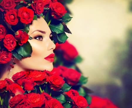 Beauty Fashion Model Girl Portrait with Red Roses Hairstyle