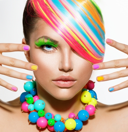 Beauty Girl Portrait with Colorful Makeup, Hair and Accessories