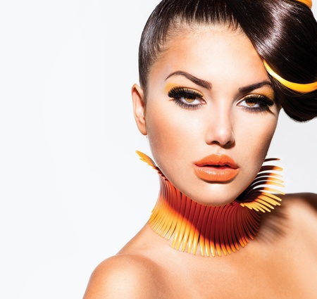 Fashion Model Girl Portrait with Yellow and Orange Makeup の写真素材