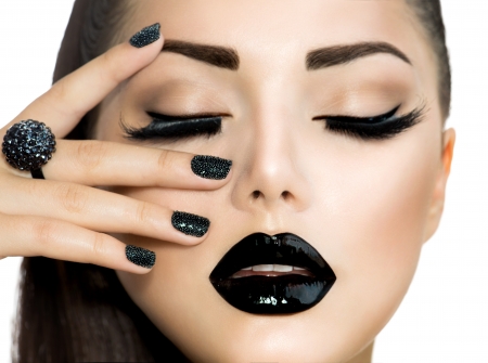 Vogue Style Fashion Girl with Trendy Caviar Black Manicure の写真素材