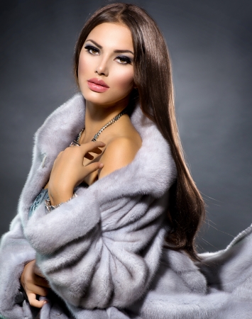 Beauty Fashion Model Girl in Blue Mink Fur Coat の写真素材