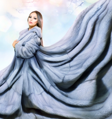 Beauty Fashion Model Girl in Blue Mink Fur Coatの写真素材