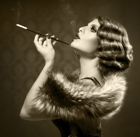 Smoking Retro Woman  Vintage Styled Black and White Photo の写真素材