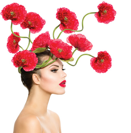 Beauty Fashion Model Woman with Red Poppy Flowers in her Hair の写真素材