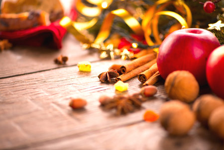 Christmas holiday table setting, decorated with baubleの写真素材