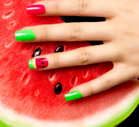 Nail art. Watermelon style bright summer art manicureの写真素材