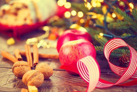 Christmas decorated holiday table settingの写真素材