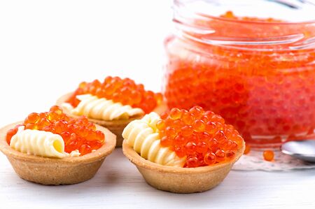 Tartlets with red caviar closeup. Gourmet foodの写真素材
