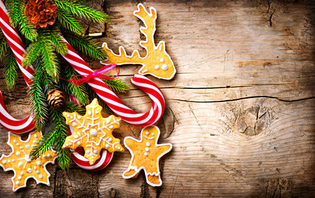 Christmas background with christmas cookies and candy canesの写真素材