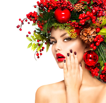 Christmas holiday makeup and manicure closeupの写真素材