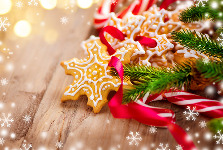 Christmas background with christmas cookies and candy canesの写真素材