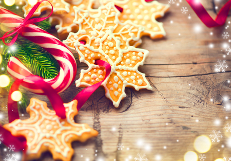 Christmas background with christmas cookies and candy canesの写真素材