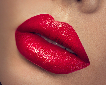 Sexy lips. Beauty red lips makeup closeupの写真素材