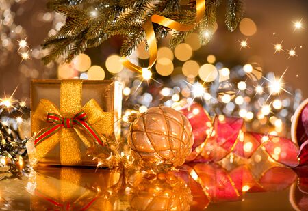 Christmas gift box and baubles. Christmas and New Year celebrationの写真素材