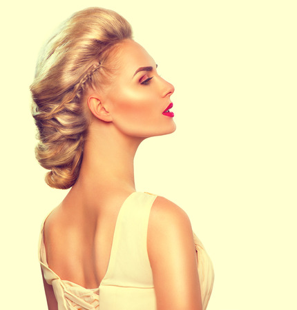 Fashion model girl portrait with updo hairstyleの写真素材