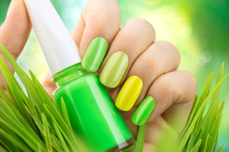 Spring manicure. Fresh nature trendy green nailsの写真素材
