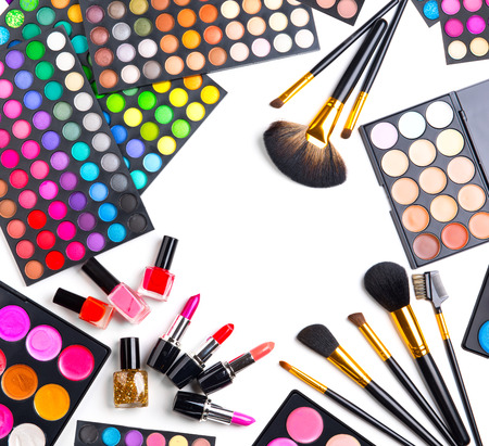 Makeup set palettes with colorful eyeshadows. Various cosmetic brushesの写真素材