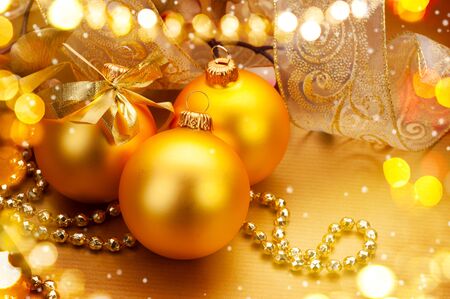 Christmas and New Year golden baubles and decorations. Winter holiday art designの写真素材