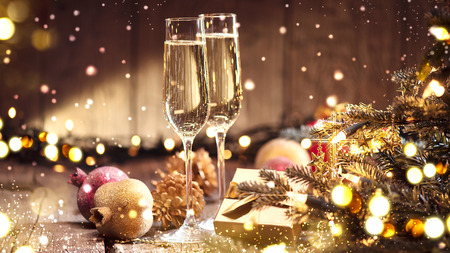 Christmas and celebration with champagne. New Year holiday decorated tableの写真素材
