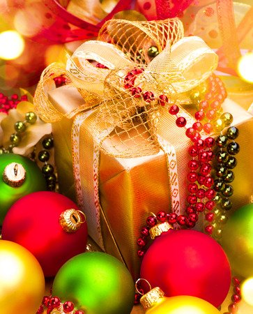 Christmas and New Year gift box and decorationsの写真素材