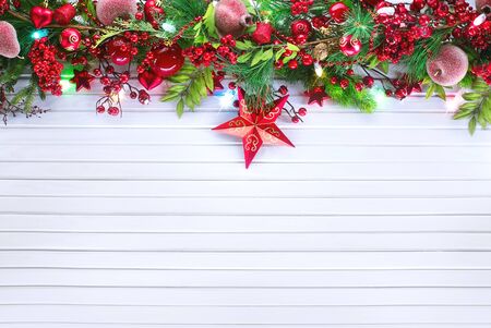 Christmas and New Year decoration over white wood background. Border art designの写真素材