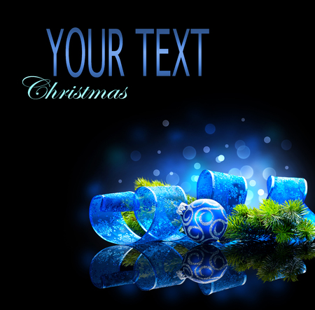 Blue Christmas and New Year decoration isolated on black background. Border art designの写真素材