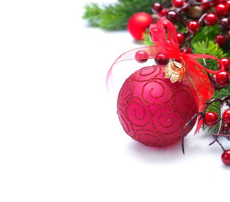 Christmas and New Year background. Red decorations and Christmas tree iisolated on whiteの写真素材
