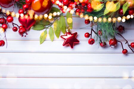 Christmas and New Year decoration over white wood background. Border art designの写真素材
