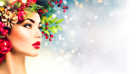 Christmas hairstyle. Holiday makeup closeupの写真素材