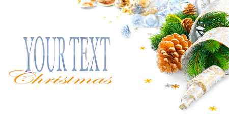 Christmas and New Year holiday decorations isolated on white backgroundの写真素材