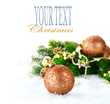 Christmas and New Year Decoration over white snow backgroundの写真素材