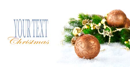Christmas and New Year Decoration over white snow backgroundの写真素材