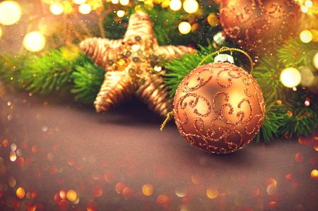 Christmas and New Year Decoration over brown backgroundの写真素材