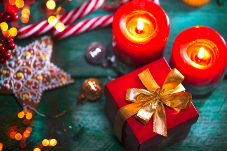 Christmas. Santa's gifts on green wooden table. Xmas holiday vintage backgroundの写真素材
