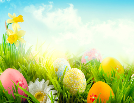 Easter nature spring scene background. Beautiful colorful eggs in spring grass meadow over blue skの写真素材