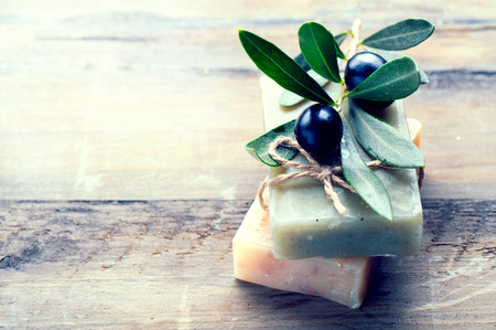 Handmade spa olive oils soap closeup. Organic soap makingの写真素材