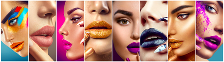 Makeup collage. Beauty makeup artist ideas. Colorful lips, eyes, eyeshadows and nail art