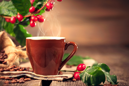 Coffee. Cup of hot coffee closeup and real coffee beans over wooden backgroundの写真素材