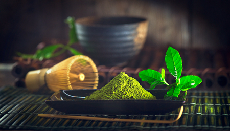 Matcha tea powder. Organic green matcha tea ceremonyの写真素材