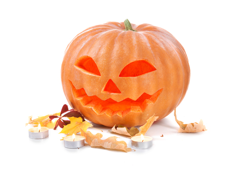 Halloween pumpkin head jack lantern isolated on white backgroundの写真素材