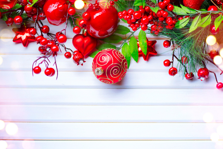 Christmas and New Year decoration over white wood background. Border art designの写真素材