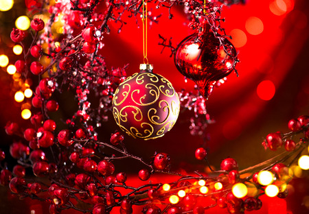 Christmas and New Year red decoration. Abstract blinking holiday backgroundの写真素材